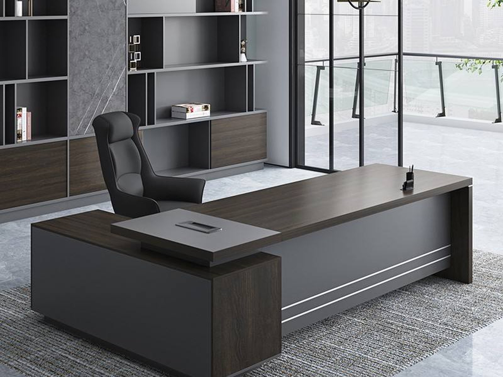 Executive desk with credenza and leather inlay in a private office